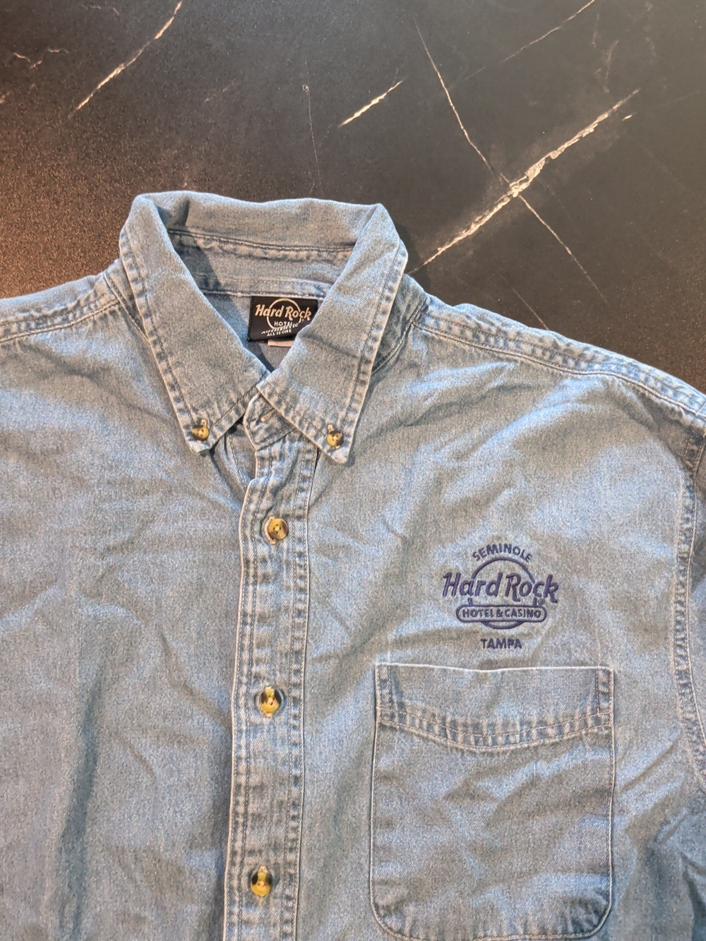 VINTAGE Hard Rock Cafe Light Blue Denim Button-Down Shirt with Embroidered Logo